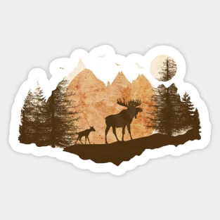 Mother moose and her cub in the mountains at sunset Sticker